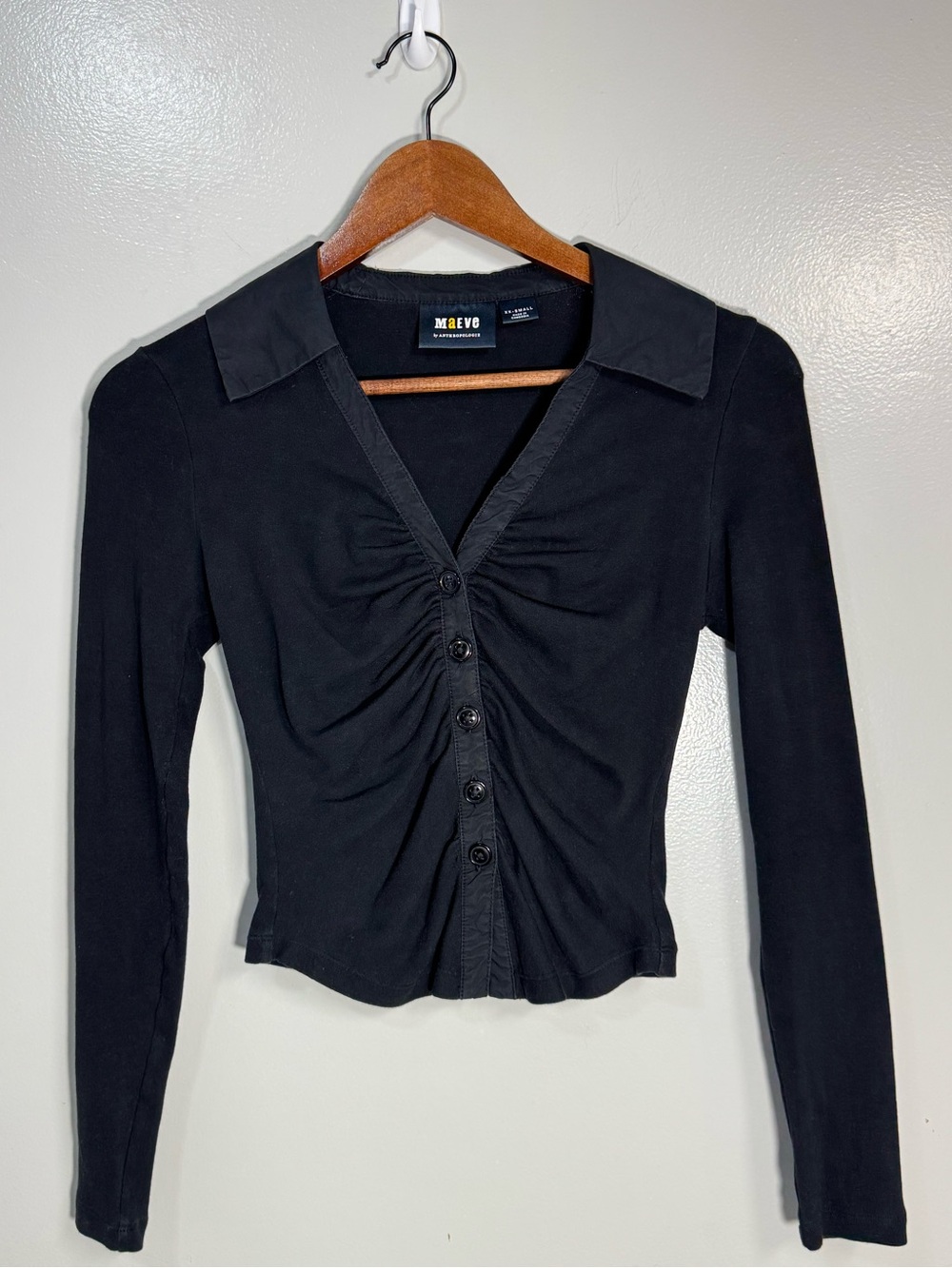 Maeve Black Ruched Button-Front Long Sleeve Top